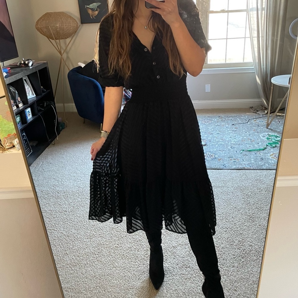 Zara Black Mesh Midi Textured Dress with Smocked Waist